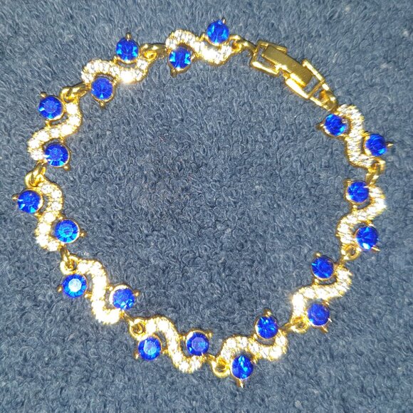 Beautiful Dark Blue Crystal White CZ Yellow Gold Tone Bracelet - Picture 8 of 11
